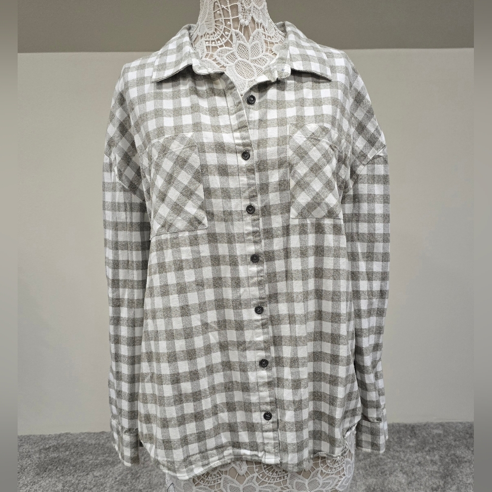 BKE Buckle Mixed Plaid Boyfried Flannel Button Down Shirt Sz L